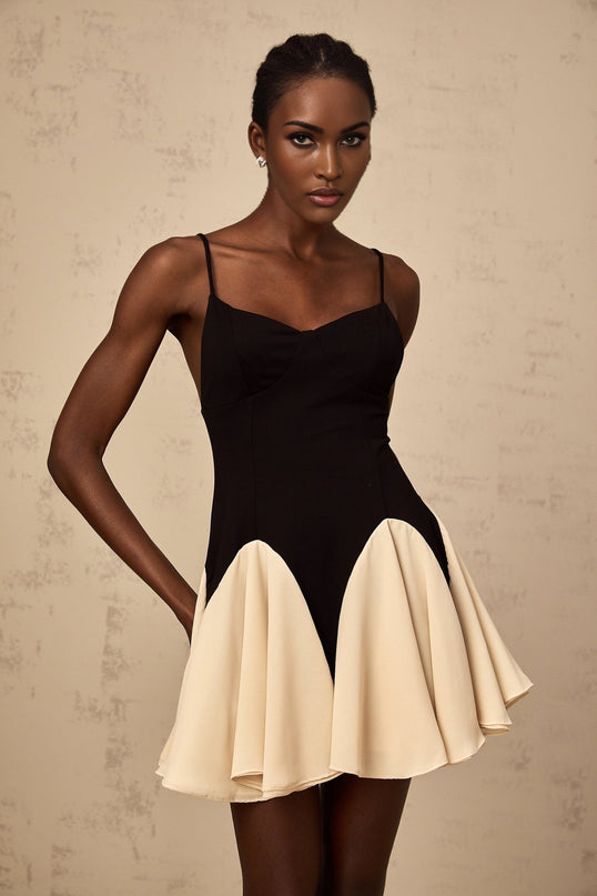 Carmelina Black Godet Design Mini Dress