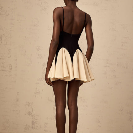 Carmelina Black Mini Dress Sweetheart Neckline Spaghetti Straps Godet Design Pleated Flounce Hem Open Back Rear Zip Fastening Terylene Fiber Thigh Length