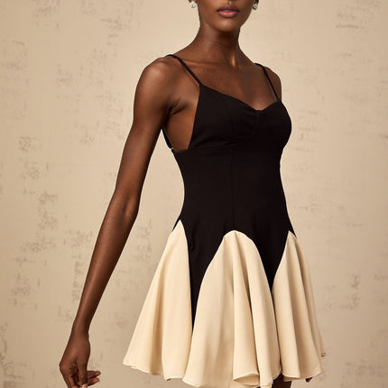 Carmelina Black Mini Dress Sweetheart Spaghetti Straps Godet Pleated Flounce Hem Open Back Zip Terylene Fiber