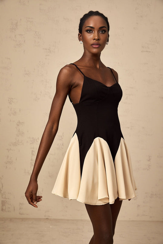 Carmelina Black Mini Dress Sweetheart Spaghetti Straps Godet Pleated Flounce Hem Open Back Zip Terylene Fiber