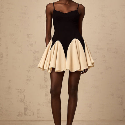 Carmelina Black Mini Dress Sweetheart Neckline Spaghetti Straps Godet Design Pleated Flounce Hem Open Back Rear Zip Terylene Fiber