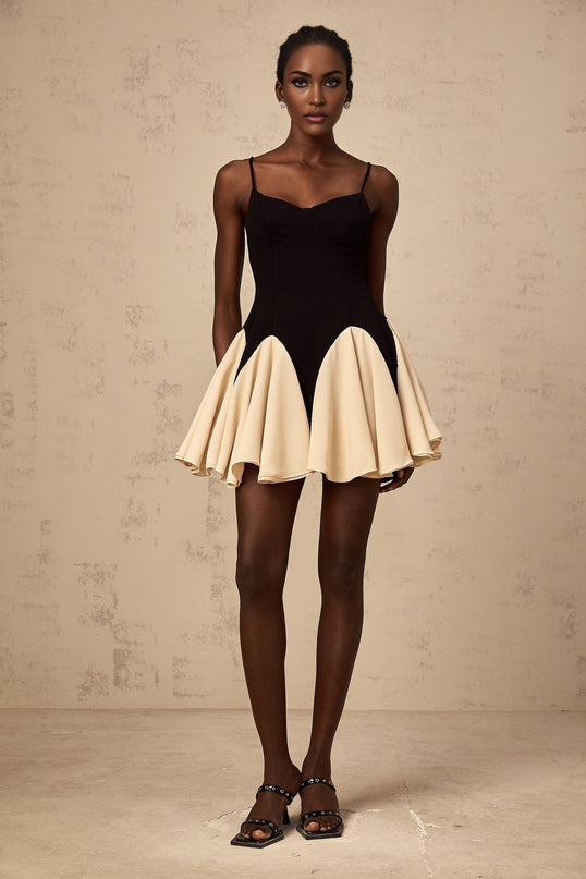 Carmelina Black Mini Dress Sweetheart Neckline Spaghetti Straps Godet Design Pleated Flounce Hem Open Back Rear Zip Terylene Fiber