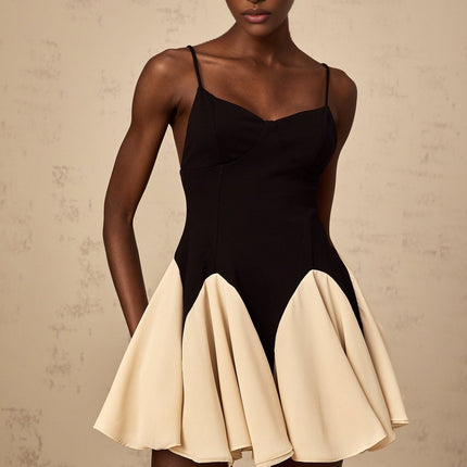 Carmelina Black Mini Dress Sweetheart Neckline Spaghetti Straps Godet Design Pleated Detailing Flounce Hem Open Back Rear Zip Terylene Fiber Thigh Length