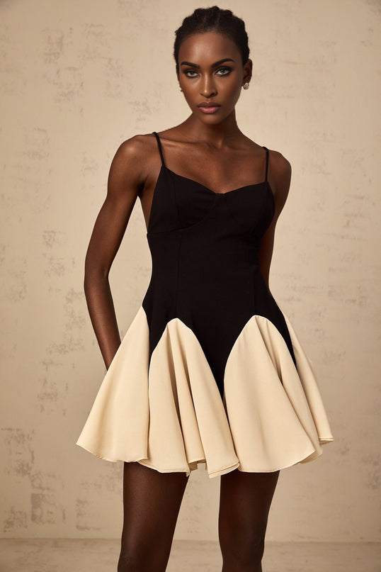 Carmelina Black Mini Dress Sweetheart Neckline Spaghetti Straps Godet Design Pleated Detailing Flounce Hem Open Back Rear Zip Terylene Fiber Thigh Length