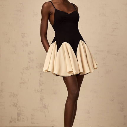 Carmelina Black Mini Dress Sweetheart Neckline Spaghetti Straps Godet Design Flounce Hem Open Back Rear Zip Fastening Terylene Fiber