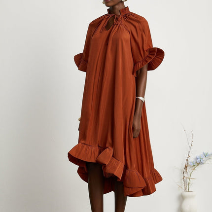 Carmelina Brown Frilled Midi Dress in Luxurious Terylene Fabric