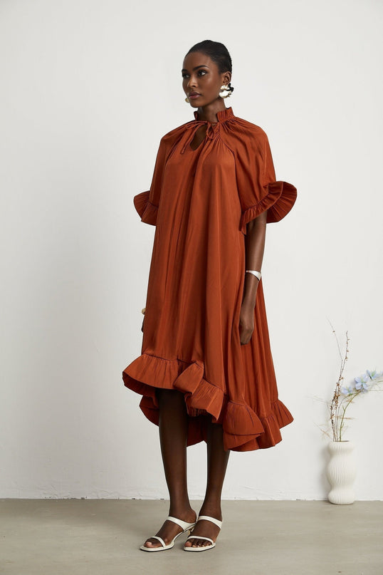 Carmelina Brown Frilled Midi Dress in Luxurious Terylene Fabric