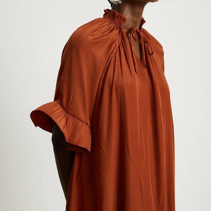Carmelina Brown Frilled Midi Dress Terylene Asymmetric Hem Short Sleeves