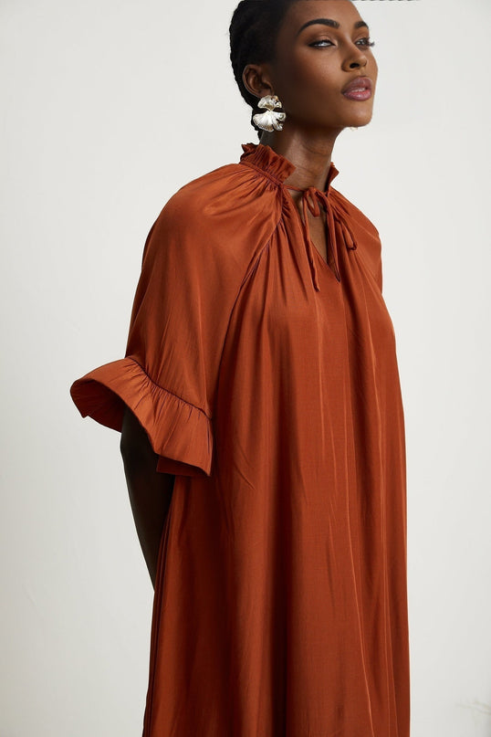 Carmelina Brown Frilled Midi Dress Terylene Asymmetric Hem Short Sleeves