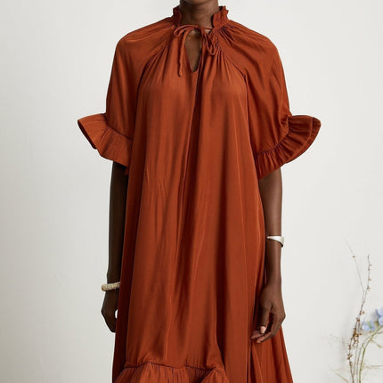 Carmelina Brown Frilled Midi Dress in Luxurious Terylene Fabric