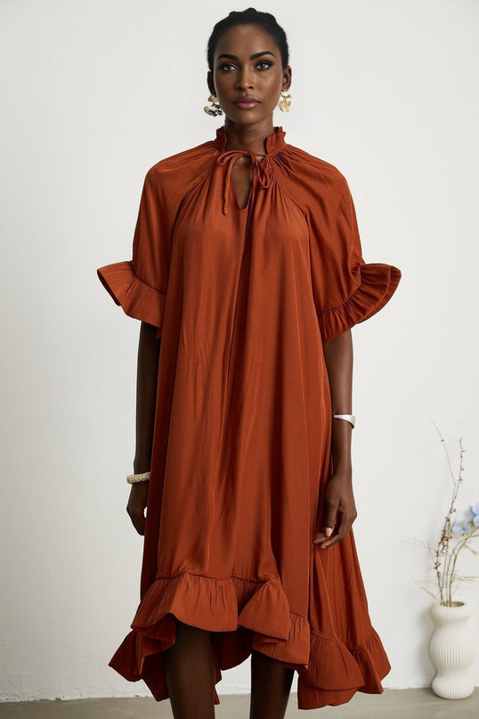 Carmelina Brown Frilled Midi Dress in Luxurious Terylene Fabric