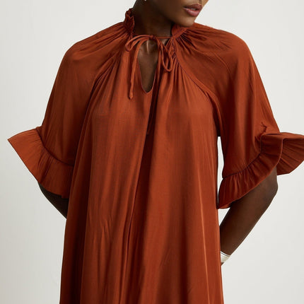Carmelina Brown Frilled Midi Dress in Luxurious Terylene Fabric