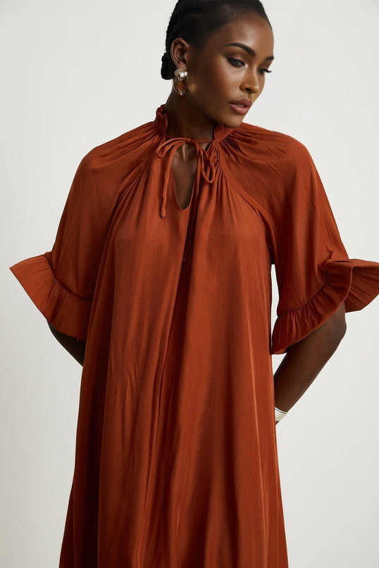 Carmelina Brown Frilled Midi Dress in Luxurious Terylene Fabric