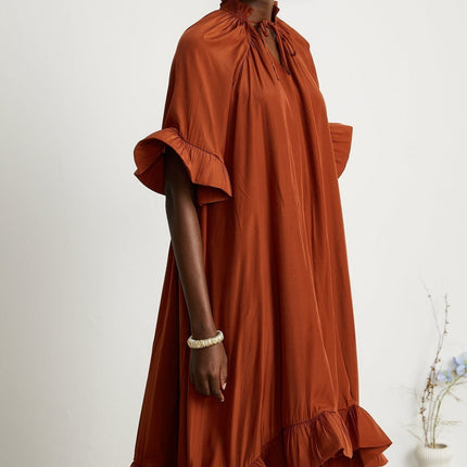 Carmelina Brown Frilled Midi Dress Terylene Short Sleeves