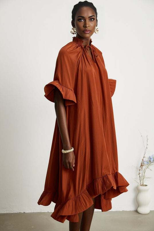 Carmelina Brown Frilled Midi Dress Terylene Short Sleeves