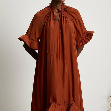 Carmelina Brown Frilled Midi Dress in Luxurious Terylene Fabric