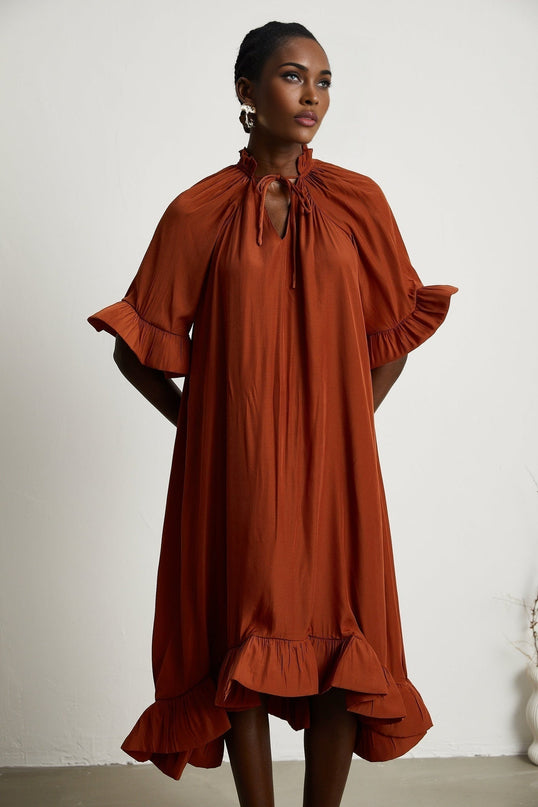 Carmelina Brown Frilled Midi Dress in Luxurious Terylene Fabric
