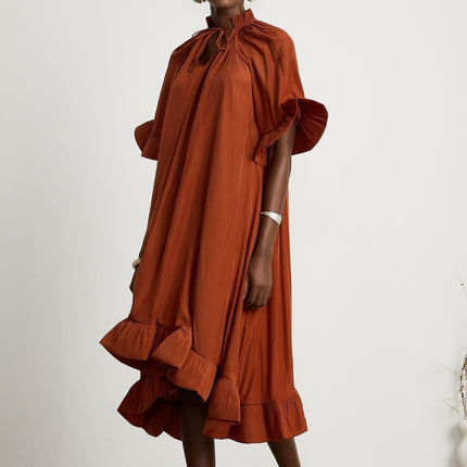 Carmelina Brown Frilled Midi Dress in Luxurious Terylene Fabric