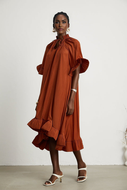 Carmelina Brown Frilled Midi Dress in Luxurious Terylene Fabric
