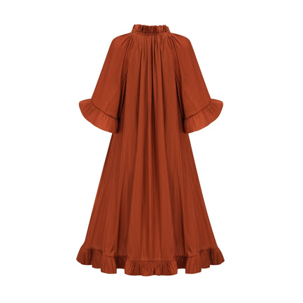 Carmelina Brown Midi Dress Luxury Terylene Frilled Self-Tie Neck Asymmetric Hem Ruffled Detailing Short Sleeves