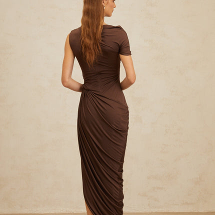 Carmelina Brown Midi Dress with Ruched Detailing and Silver-tone Hardware
