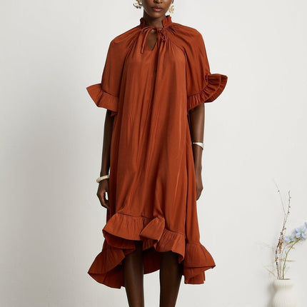 Carmelina Brown Midi Dress in Luxurious Terylene with Frilled Self-Tie Neck and Asymmetric Hem