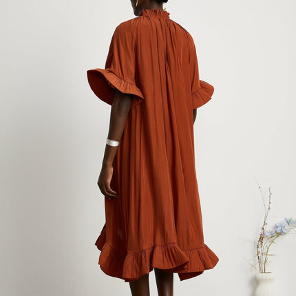 Carmelina Brown Midi Dress in Luxurious Terylene with Frilled Self-Tie Neck and Asymmetric Hem
