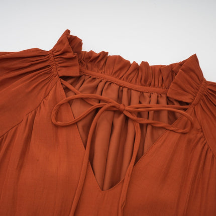 Carmelina Brown Midi Dress in Luxurious Terylene with Frilled Self-Tie Neck and Asymmetric Hem
