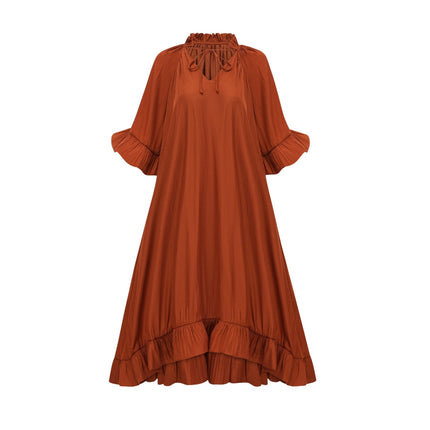 Carmelina Brown Midi Dress Terylene Frilled Self-Tie Neck Asymmetric Hem Ruffled Detailing Short Sleeves