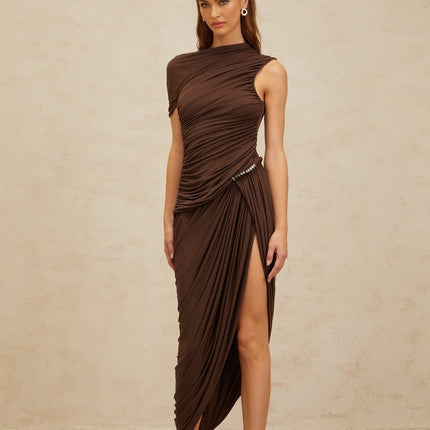 Carmelina Brown Midi Dress with Ruched Detailing and Silver-Tone Hardware