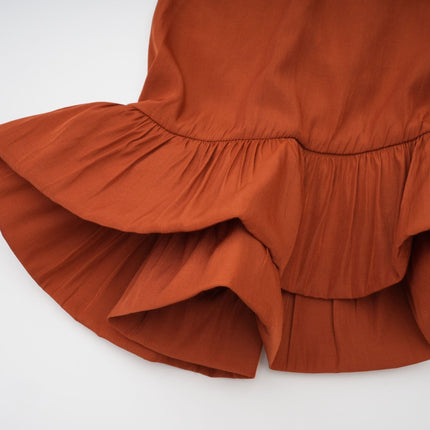 Carmelina Brown Midi Dress in Luxurious Terylene with Frilled Self-Tie Neck and Asymmetric Hem
