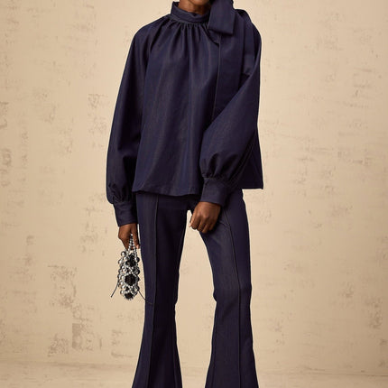 Carmen Blouse & Trousers Flared in Denim Blue 100% Polyamide Fabric