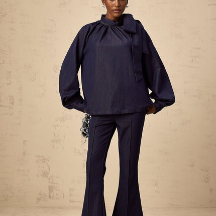 Carmen Blouse & Trousers Flared in Denim Blue 100% Polyamide