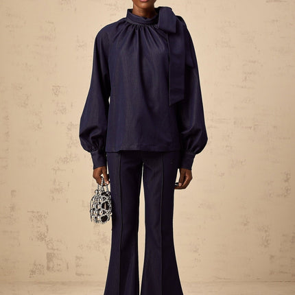 Carmen Blouse Trousers Flared Denim Blue Polyamide Fabric