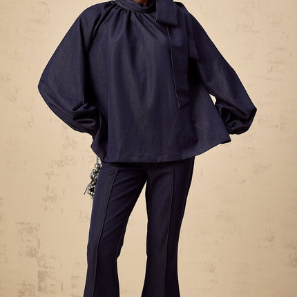 Carmen Denim Blue Blouse Trousers Flared 100 Polyamide Fabric