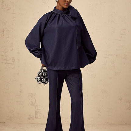 Carmen Denim Blue Blouse Trousers Flared Polyamide Fabric