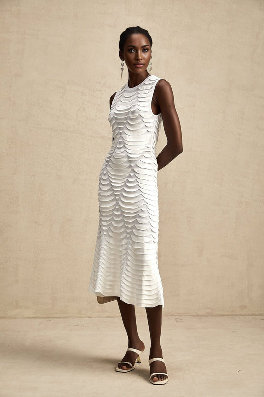Carmen White 3D Snake Pattern Midi Dress Viscose Terylene Nylon Spandex Stretch Knit Fabric Godet Design Flared Hem Sleeveless Crew Neck Unlined Finish Midi Length Fashion-Forward Piece