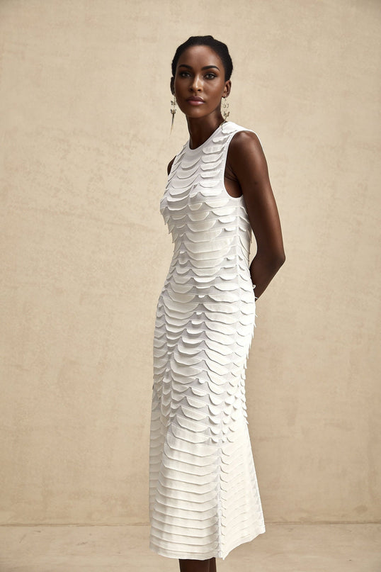 Carmen White 3D Snake Pattern Midi Dress Viscose Terylene Nylon Spandex Stretch Knit Fabric Godet Design Flared Hem Sleeveless Crew Neck Unlined Finish Midi Length