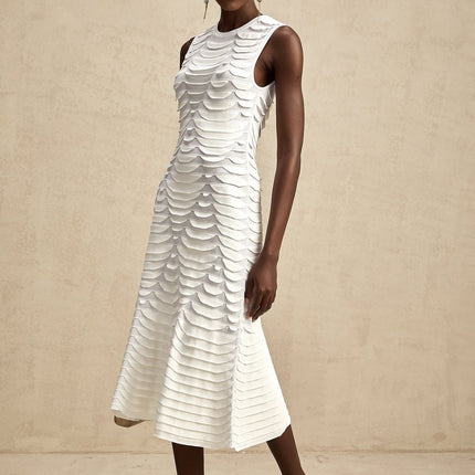 Carmen White 3D Snake Pattern Midi Dress Viscose Terylene Nylon Spandex Stretch Knit Fabric Godet Design Flared Hem Sleeveless Crew Neck Unlined Finish Midi Length Fashion Forward