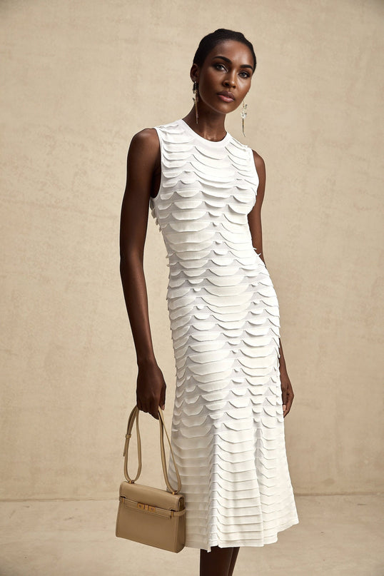 Carmen White 3D Snake Pattern Midi Dress Viscose Terylene Nylon Spandex Knit Fabric Godet Design Flared Hem Sleeveless Crew Neck Unlined Midi Length