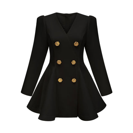 Carmina Black A-Line V-Neck Blazer Gold Buttons Pleated Peplum Hem Shoulder Pads Long Sleeves Zip Fastening Polyester Fiber