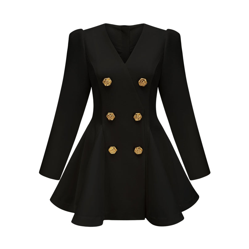 Carmina Black A-Line V-Neck Blazer Gold Buttons Pleated Peplum Hem Shoulder Pads Long Sleeves Zip Fastening Polyester Fiber