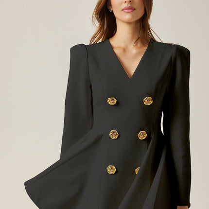 Carmina Black Polyester Blazer with Gold-Tone Buttons and Pleated Detailing