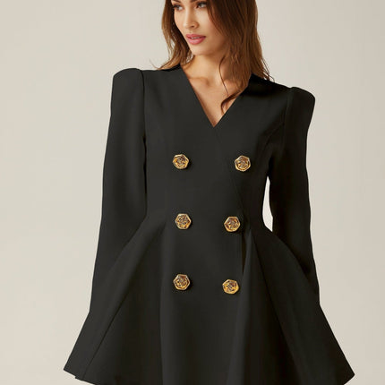 Carmina Black A-Line V-Neck Blazer with Gold-Tone Buttons and Pleated Detailing