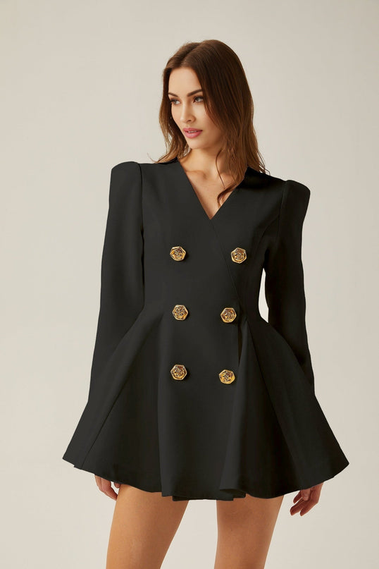 Carmina Black A-Line V-Neck Blazer with Gold-Tone Buttons and Pleated Detailing