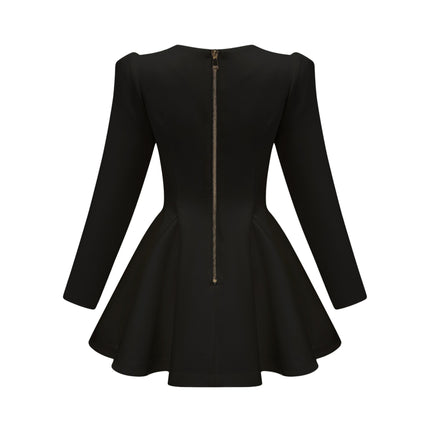 Carmina Black A-Line V-Neck Blazer with Gold Buttons and Pleated Detailing