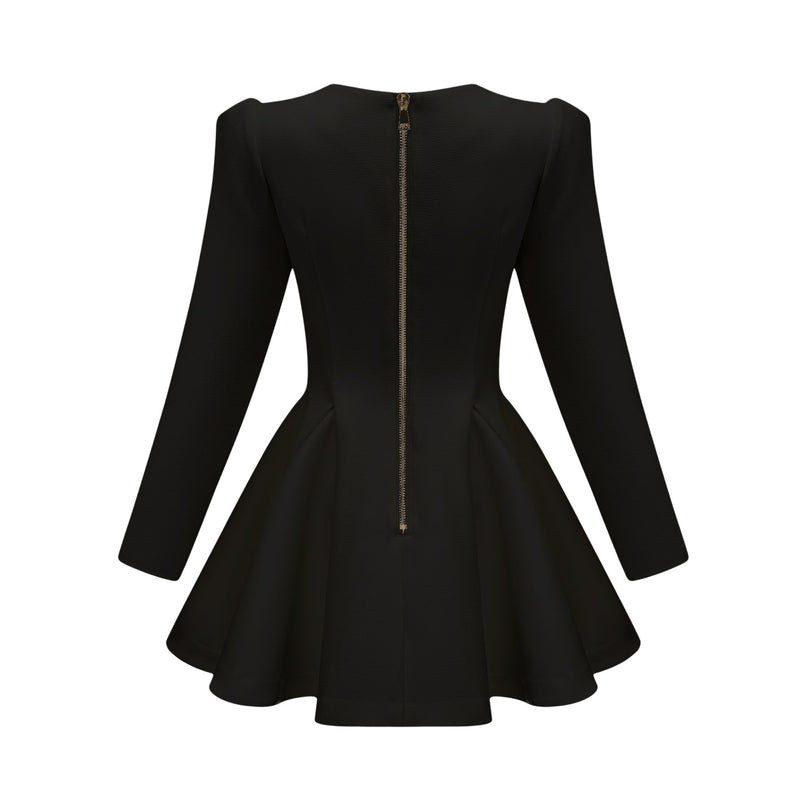 Carmina Black A-Line V-Neck Blazer with Gold Buttons and Pleated Detailing