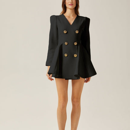 Carmina Black A-Line V-Neck Blazer with Gold-Tone Buttons and Pleated Detailing