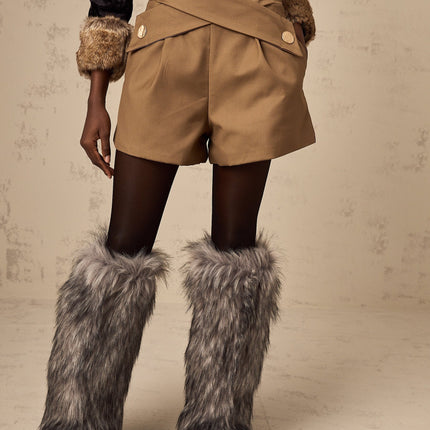 Carmina Khaki Crossover Shorts with Gold-Tone Hardware and Decorative Buttons
