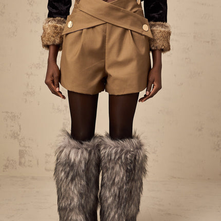 Carmina Khaki Crossover Shorts Gold Hardware Buttons Pockets Zip Fastening Thigh-Length Terylene Cotton Blend
